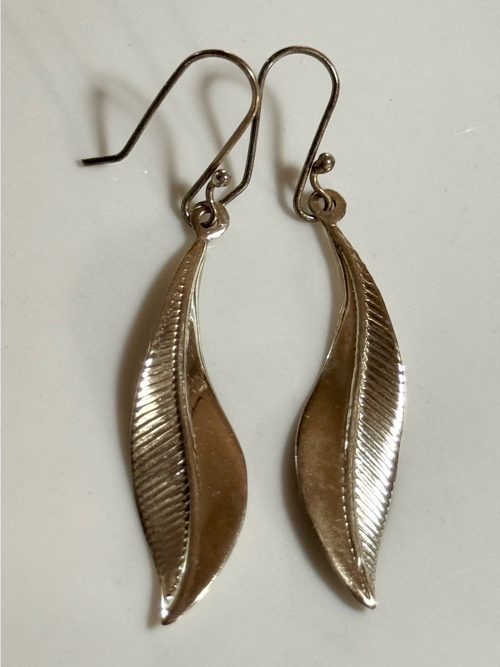 Vintage Sterling Silver Leaf Drop Earrings - Silver